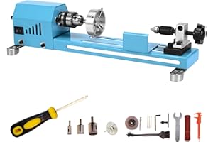 FESMTEK Mini Wood Lathe Machine Multi-Purpose Type Desktop Power Wood Lathe Supports Wood Sawing, Polishing, Grinding The Professional Set Of Accessories Comes With Instructions For Easy Learning And Use