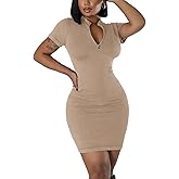 Ribbed Bodycon Dresses for Women Short Sleeve Summer Zip Up Front Casual Mini Tank Dress