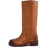 KISSASA Brown Knee High Boots Women Roud Toe Chunky Low Heel Moto Boots Vintage Pull On Tall Long Riding Boots Campus Shoes Brown Size 8.5