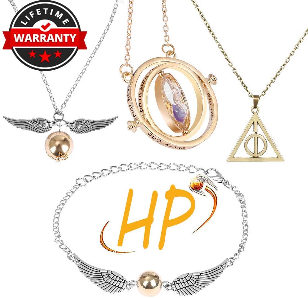 Necklace Merchandise for HP Fans, Necklace Bracelet Jewelry Set Christmas Day/ Valentine's Day Best Gift for Boys, Daughter, Girls, Women 4 Pcs