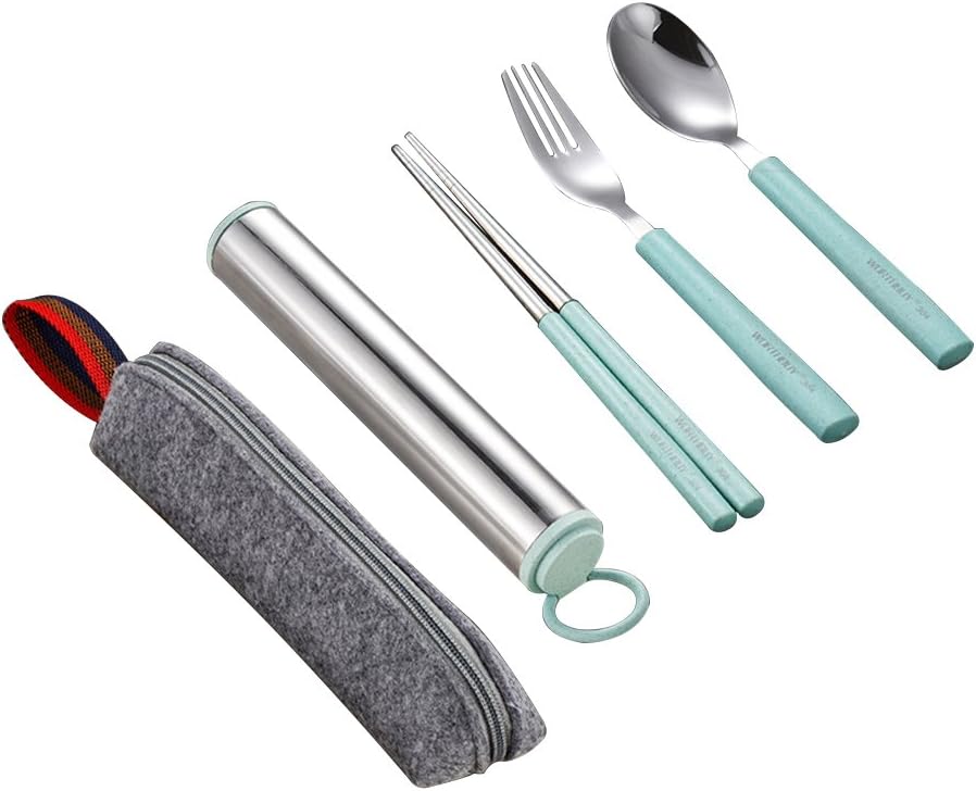 Aggice Portable Tableware Set, Flatware Spoon Fork Chopsticks Set,Travel Cutlery Set,Stainless Steel Utensils Set with Carrying Case,box for Travel,Picnic, Outdoor Work (Blue, 5)