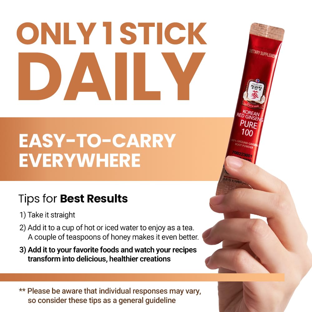 JungKwanJang Korean Red Ginseng Pure 100 - Panax Ginseng Powder Stick Supplements - Energy Boost & Immune Support - Vegan, Caffeine Free, Gluten Free & Non-GMO (Net Wt. 1.48 oz, 30 Sticks)
