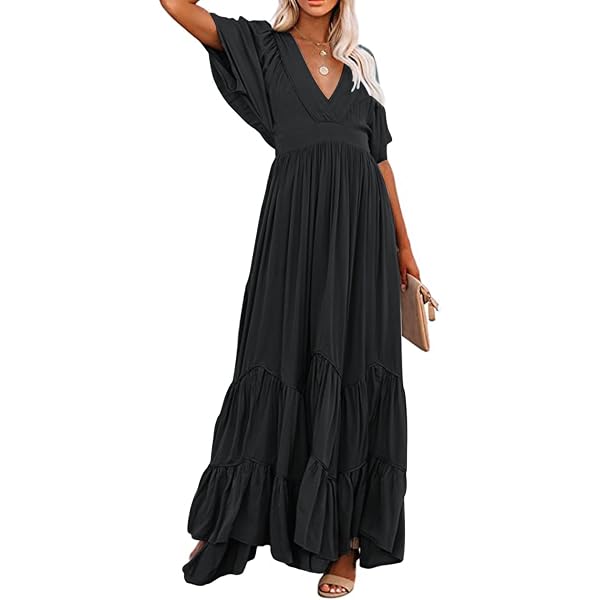 Bnigung Women's Flowy Maxi Dress Casual V Neck Flutter Sleeves Tiered Long  Dresses Sexy Backless Boho Beach Sundress(Apricot,S) at Amazon Women's  Clothing store