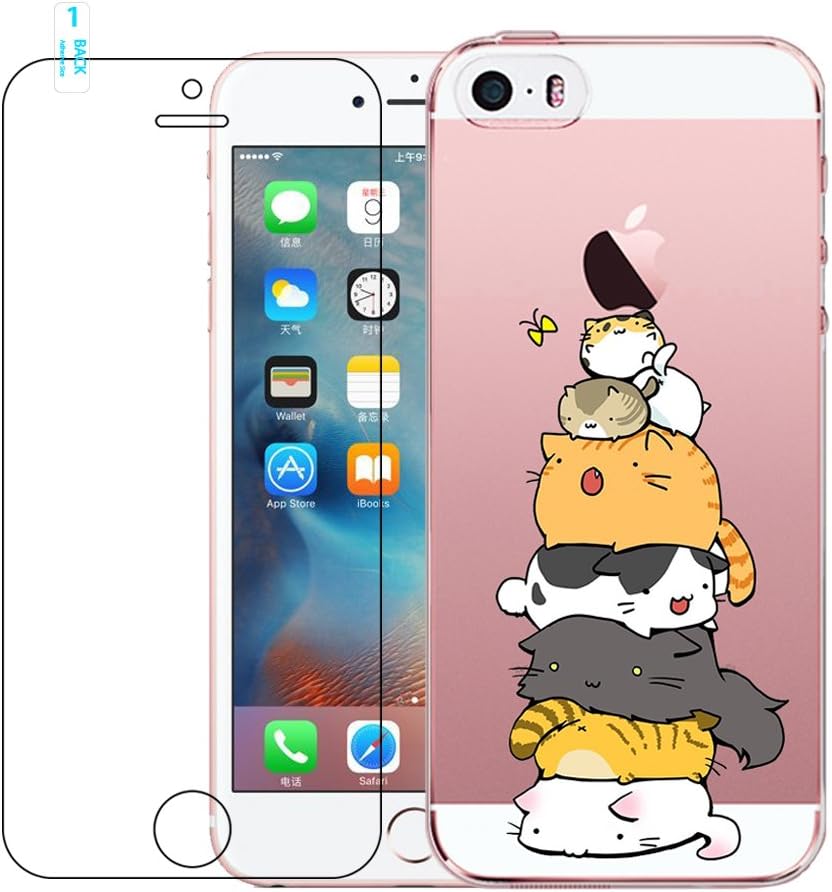 iPhone 5 Case, iPhone 5S Case, iPhone SE Case with Tempered Glass Screen Protector, Crystal Clear Soft Silicone Gel TPU Case Cute Cartoon Scratch Resistant Protective Cover for iPhone 5 5S SE - Cat