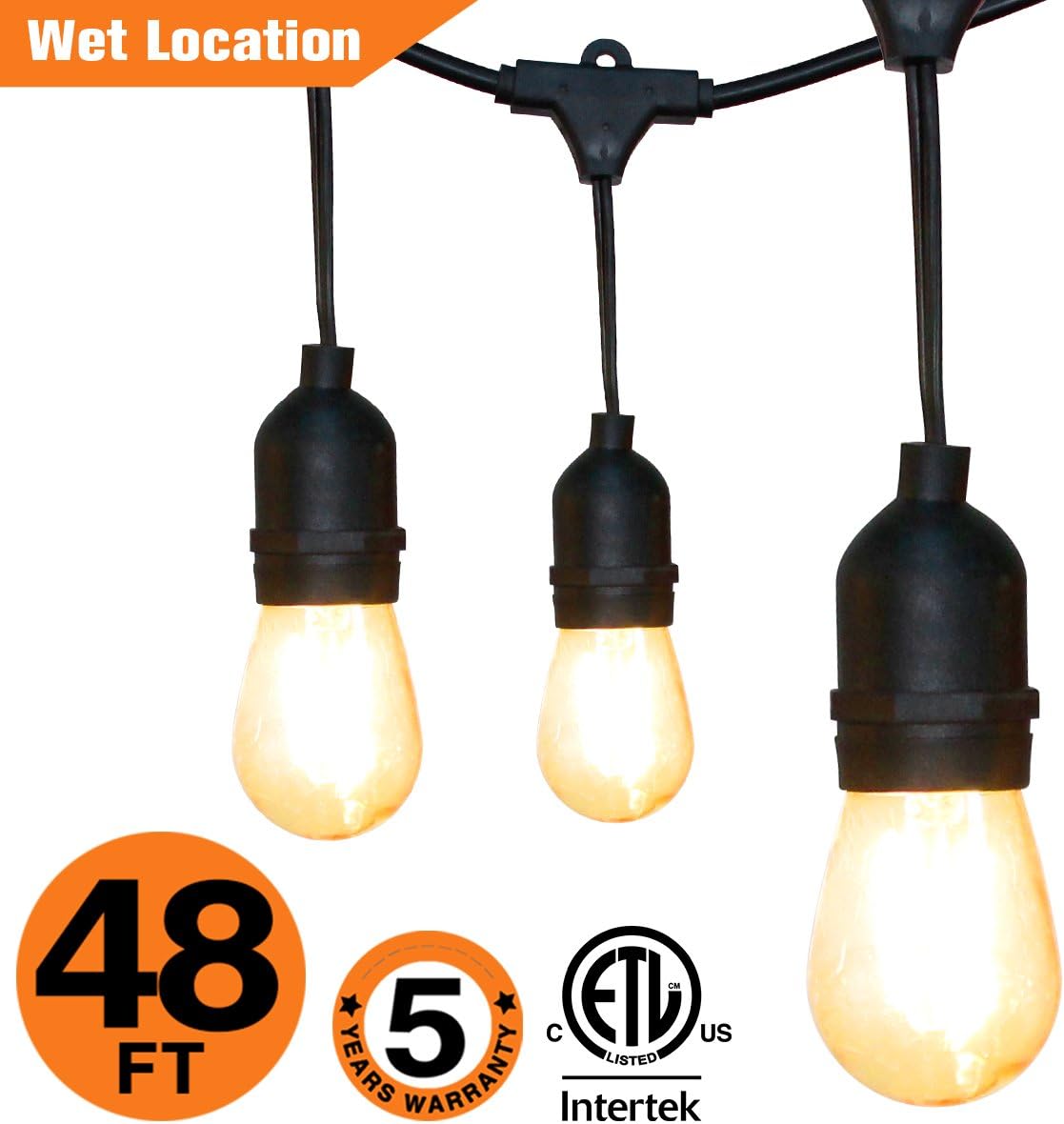 OOOLED 48-Foot Outdoor Weatherproof Commercial Grade String Lights with 16 Hanging Sockets- 18 LED Bulbs 1W S14 Incandescent Bulbs Included-Perfect Patio Lights & Party Lights-Black LED String Light