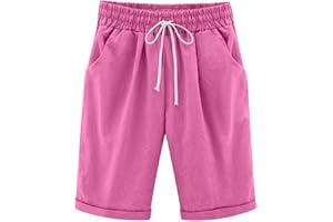 Qeaghou Bermuda Shorts for Women Knee Length Cotton Linen Casual Shorts Drawstring High Waisted Shorts Jogger Athletic Shorts