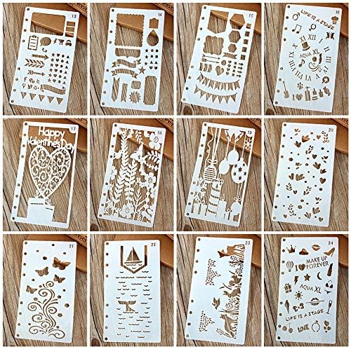 Painting Stencils Template Drawing Hollow Scale Stencil Set for Loose Leaf A6 Bullet Notebook Scrapbooking Journal Diary Albums Card 8-Ring Paper Inserts DIY Art Craft Projects Decorations 12 Pack