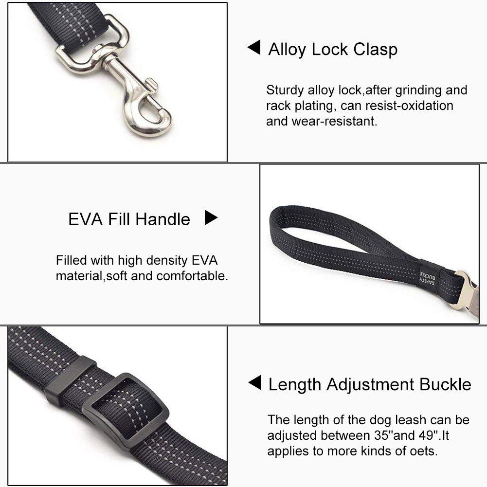 Dog Leash Adjustable Length - Reflective Nylon Webbing- High Elasticity Retractable Indestructible Dog Leash with Car Seat Belt Clip for Large & Medium Dogs Training, Walking and Car Travel (black)