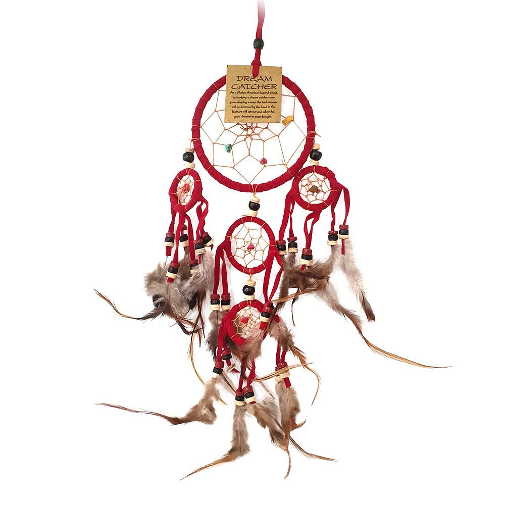 VIE Naturals Dream Catcher, Beaded, 9cm 4 Smaller Rings, Red, One