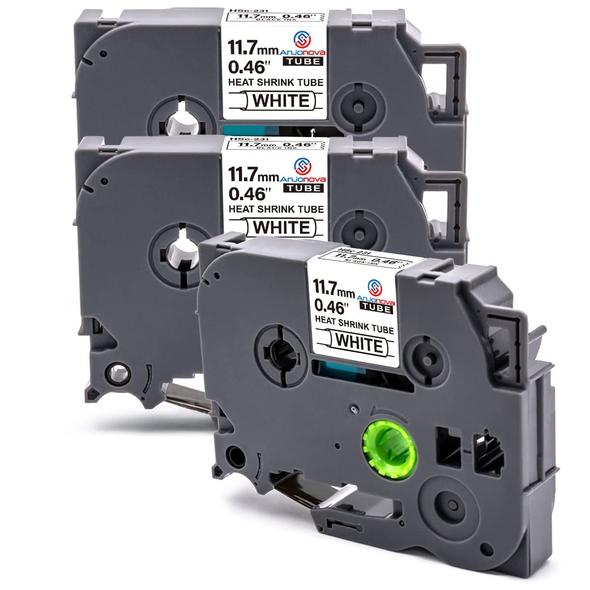 Anjonova Replacement for Brother Heat Shrink Label Tape 11.7mm x 1.5m Hse-231 Hse231, Compatible with P-Touch PT-E100 E110 E300VP E550W E800 PT-300BT H101C H105 H107 H200, Black on White, 3 Pack