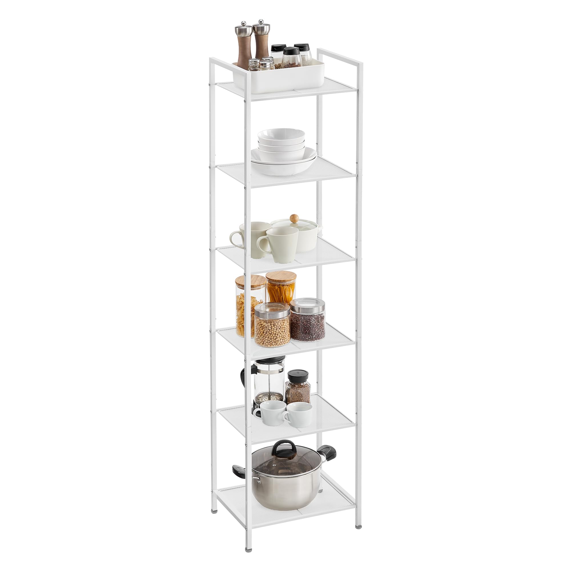 Photo 1 of SONGMICS 6-Tier Storage Rack, Bathroom Shelf, Extendable Plant Stand with Adjustable Shelf, for Bathroom, Living Room, Balcony, Kitchen, Classic White UBSC036W01