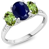 Gem Stone King 10K White Gold Blue Sapphire Green Peridot and White Diamond Oval 3-Stone Engagement Ring For Women (2.79 Cttw, Gemstone September Birthstone)