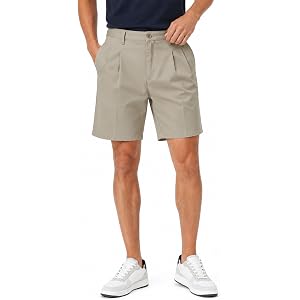 YFFUSHI Mens Flat Front Pleated Cotton Shorts 9" All Day Comfy Shorts | Classic-Fit Dress Shorts, Zipper Fly & 4 Pockets, Sum