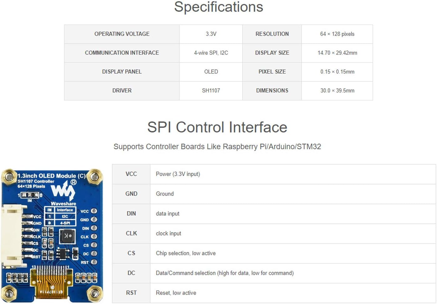 Waveshare 1.3 Zoll OLED Display Modul 64x128 - SH1107 Driver Mit SPI/I2C Interface