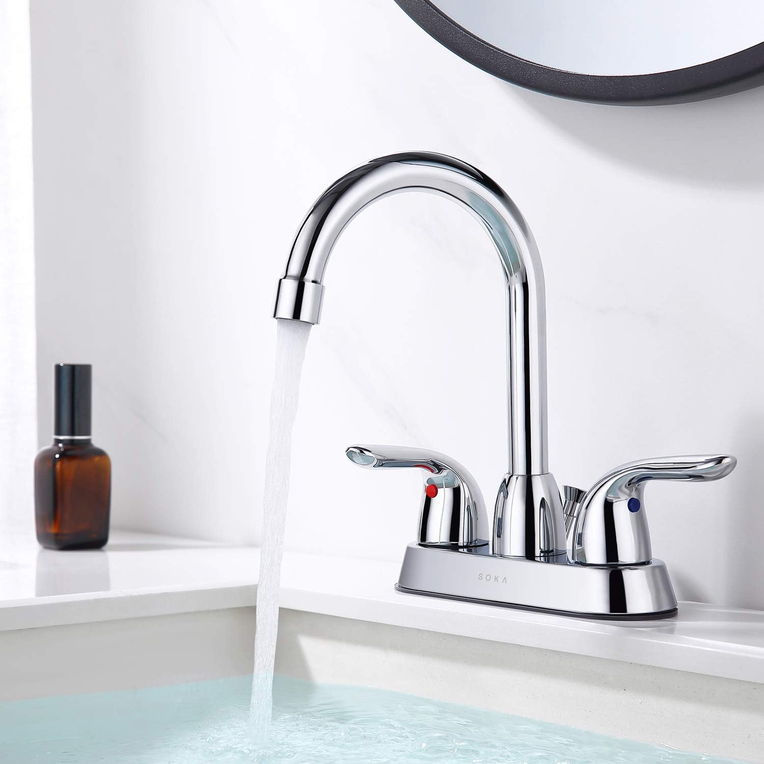 SOKA Two Handles Centerset Bathroom Faucet For Sink High Arc Stainless Steel With Deck Plate & Pop-Up Drain Assembly Fit 3 Hole Installation, Chrome (SK18001C) - - 