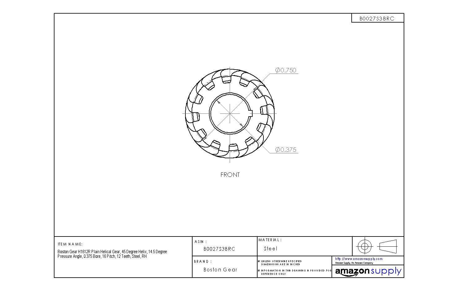 Helical Gear, 12 Pitch, 12 Teeth, 45° Helix, 14.5° PA, 0.625" Bore, Steel, Right Hand – For Machinery & Drives