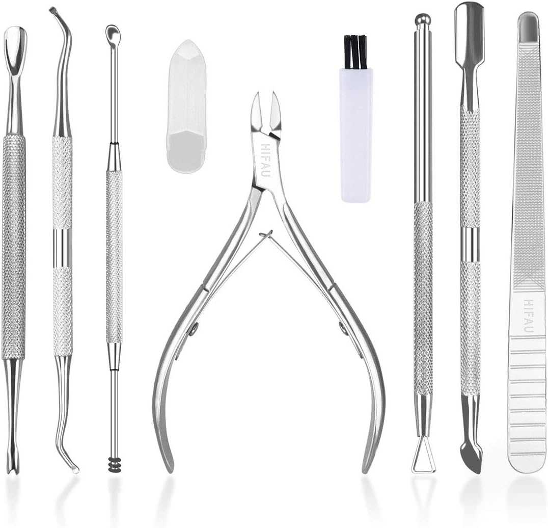 HIFAU 8PCS Premium Cuticle Nippers Pusher Manicure Tools Set, Professional Ingrown Toenail File, Cuticle Remover Trimmer Cutters Tool Gel Nail Art Kit, Stainless Steel, Travel, Gift: Home Improvement