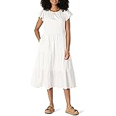 Amazon Essentials Women's Relaxed-Fit Cotton Sateen Crewneck Tiered Midi Dress