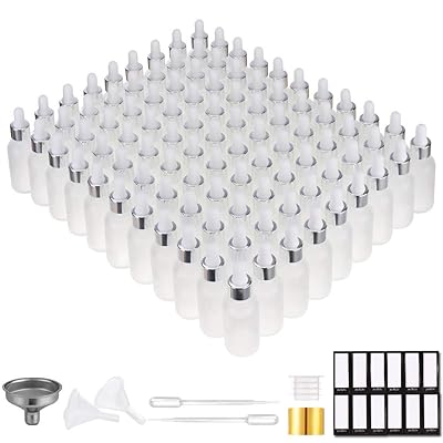 PrettyCare Eye Dropper Bottle 1 oz (99 Pack Frosted Glass Bottles 30ml with Golden Caps, Extra Plastic Measured Pipettes, Labels, Funnel) Empty Tincture Bottles for Essential Oils