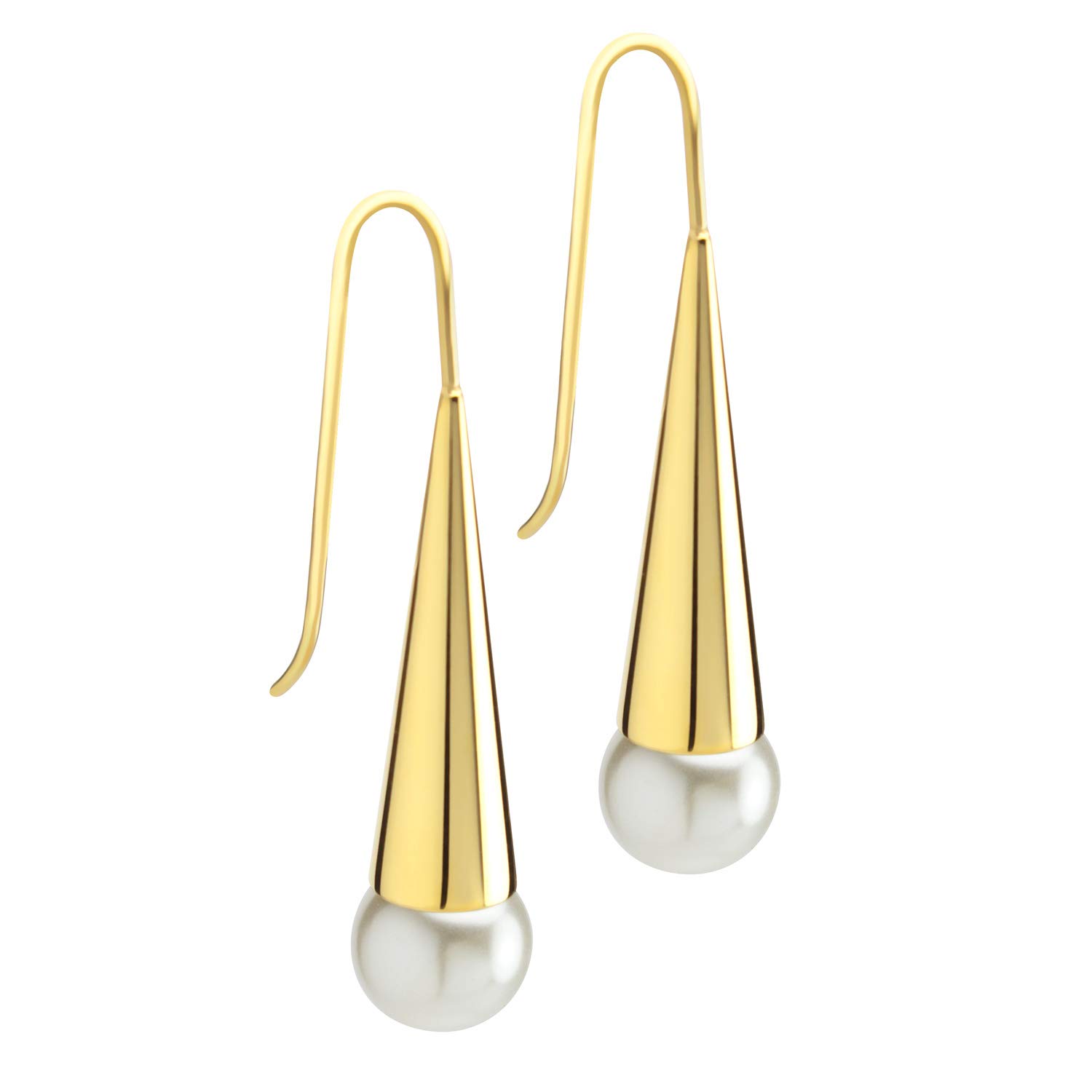 555Jewelry Stainless Steel Dangling Drop Pearl Earrings for Women, Long Boho Dangly Cone Pearl Earrings, Fashion Pearl Dangle Earrings for Women & Ladies, Gold