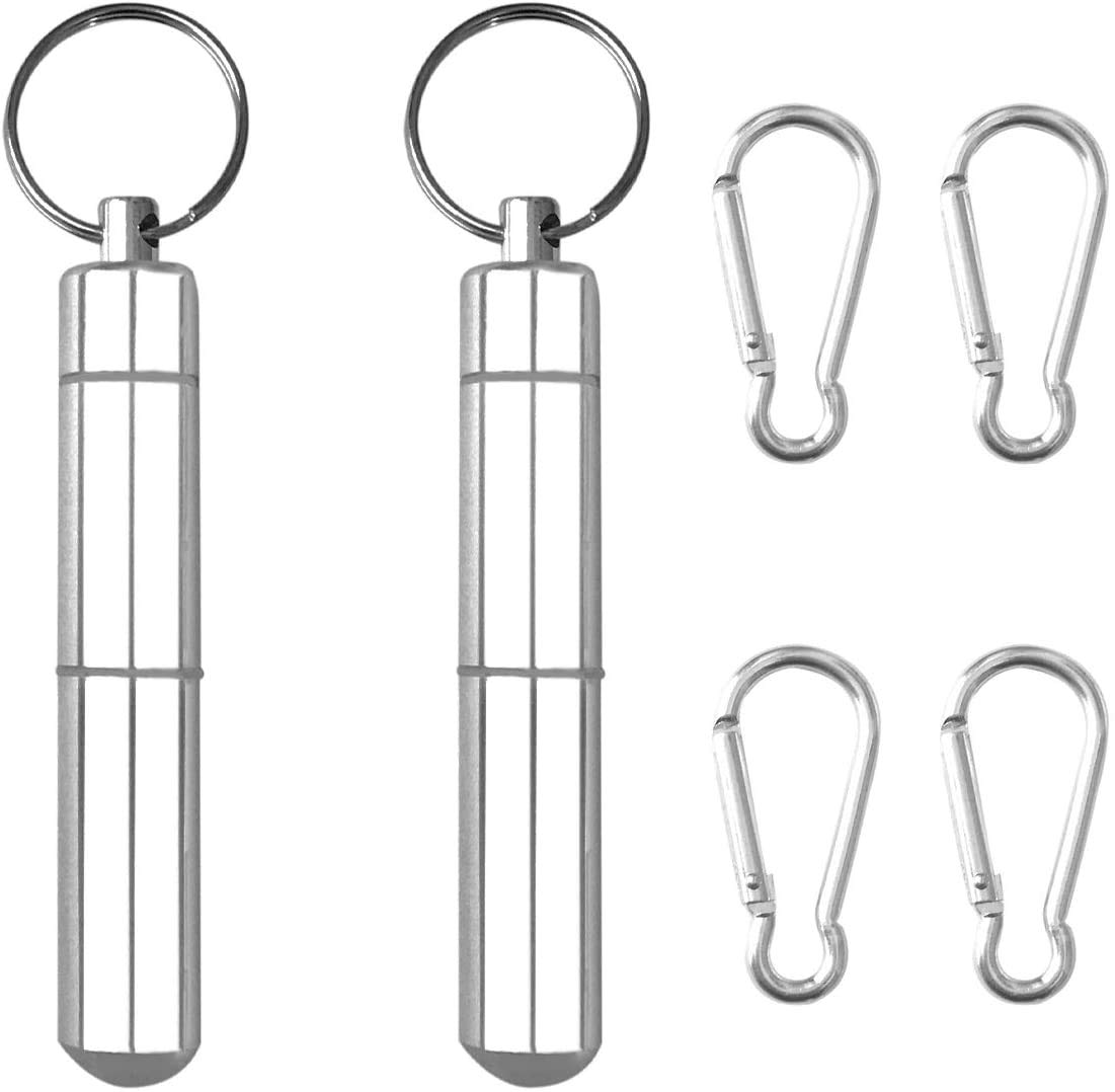 2 Set Aluminum Toothpick Holder with 4 Pack Keychain, Portable Alloy Pocket Waterproof Box Metal Pill Toothpick Case and Buckles for Travel Picnic and Camping, 3 x 0.6 Inch, Silver