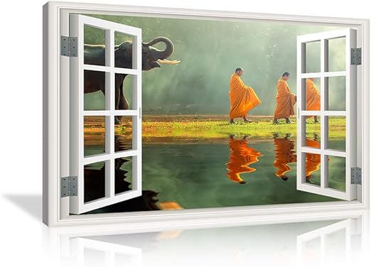 Amazon Com Window View Canvas Wall Art Elephant Wall Art Human At Peace With Nature Monk In Yellow Frock Alms Round Zen Painting Pictures Window Frame Style Canvas Print Wall Art For Home