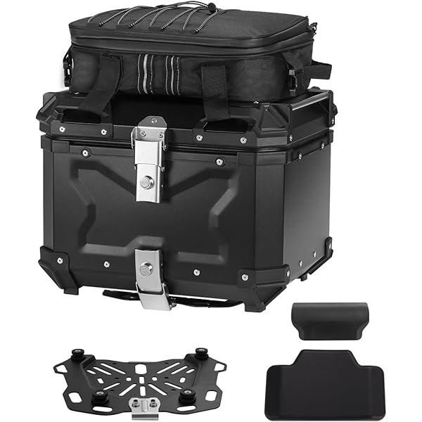 Motorcycle Trunk NUACOS 35L Universal Top Case Waterproof Helmet Luggage Storage Plastic Tour Tail Box With Soft Backrest,Lockable Motorcycles Topcase For Scooter/Moped/Motorbike,Red B,16 * 16 * 11in Sacoche Velo Arriere