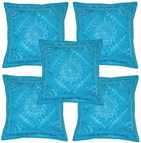Jaipuri Handloom Crafts JHC Home Furnishing Decorative Handmade Embroidered and Mirror Work Indian Cotton Maroon Throw Pillow Cushion Covers 16 x 16 Inches Set of 5 Pcs (Sky Blue)