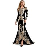 Halloween Dresses for Women Skeleton Dress Long Sleeve Gothic Print Maxi | Halloween Dresses Velvet Floral Soft Costume Fall Winter Long Sleeve Retro Elegant Witch Dress, Cosplay Party Costume