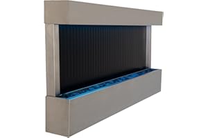 XBrand 47" Indoor Wall-Mounted Waterfall Mirror Fountain with LED Lighting, Silver Metal Décor, and Rock Base – Modern Relaxing Water Feature for Home