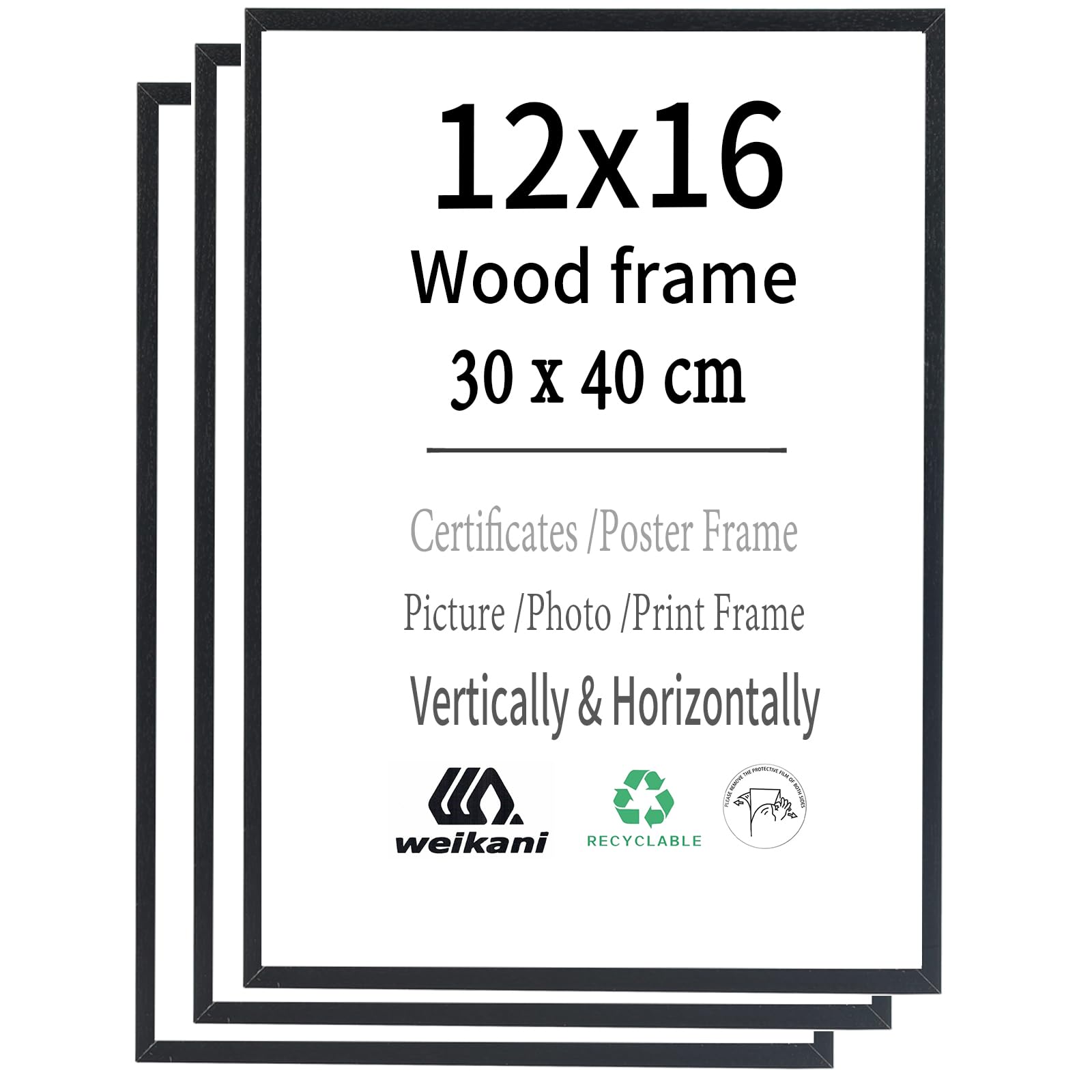 Weikani 12x16 inch Wood Picture Frame,3 Pack-30x40 cm Black Wood Photo Frame,Certificate Frame with Plexiglass for Wall Mount or Table Top Display