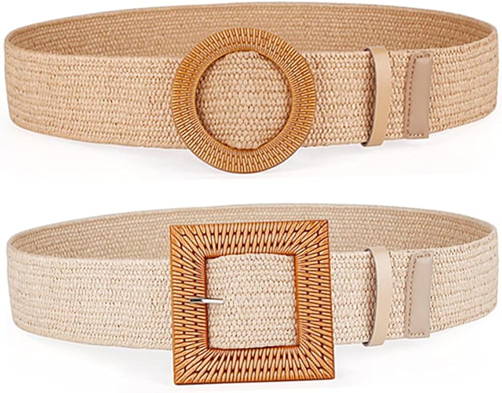 Women Belts For Dresses, Elastic Straw Rattan Waist Band With Wood