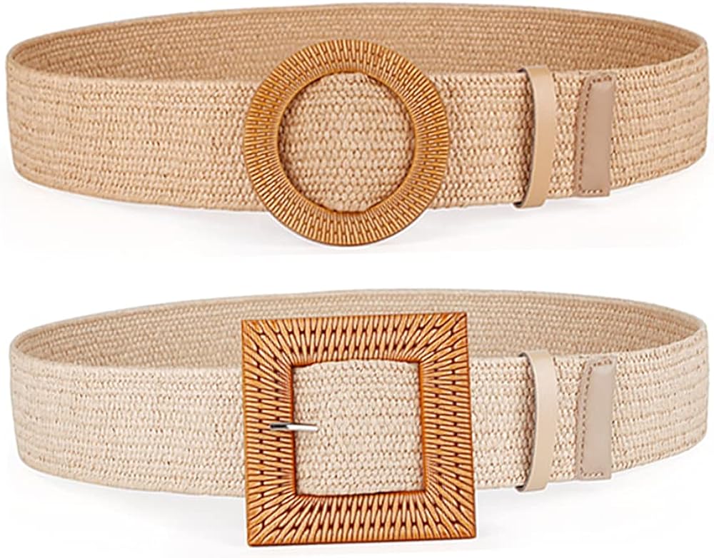 Women Belts For Dresses Elastic Straw Rattan Waist Band With Wood