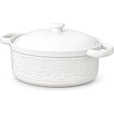 FE Casserole Dish with Lid, 2 Quart Ceramic Baking Dish, Bright White | Oven to Table Round Serving Dish with Lid, Exquisite Lace Emboss Design, Gifts for Holidays, No Open Flame