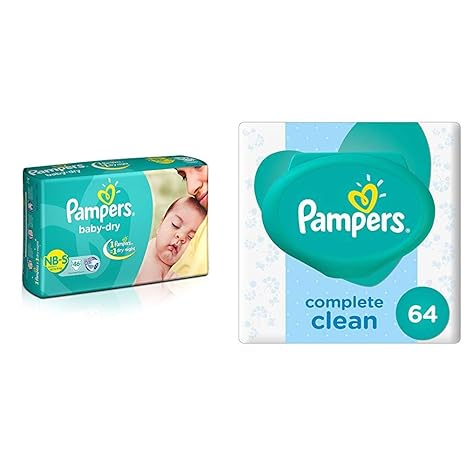 Pampers Baby Dry Diapers, New Born (46 Count) & Pampers Fresh Clean Baby Wipes (64 Count)