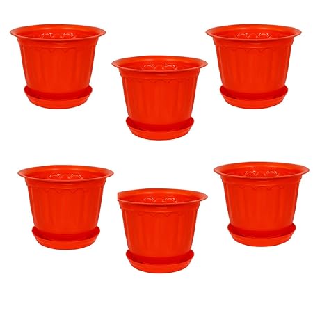 Meded Garden Essential Plastic Jasmine Planter/Pots Set with Tray (Diameter 10-inch, Orange, Pack of 6)