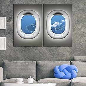 2 Panel Canvas Wall Art - Grey Plane Window Viewing an Island in The Ocean - Giclee Print Gallery Wrap Modern Home Art Ready to Hang - 16"x24" x 2 Panels