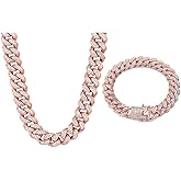 OWNCOOL 2 PCS Diamond Cuban Link Chain Iced Out Miami Cuban Necklace Bracelet Bling Hip Hop Jewelry for Men Women
