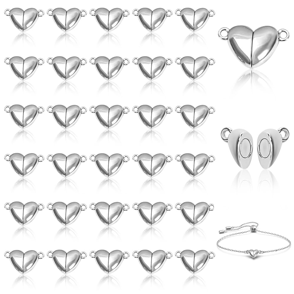 MOAMUN 30 PCS Heart Shaped Magnetic Necklace Clasps, Metal Bracelet Clasps and Closures for Jewelry Making Supplies, Bracelet Fasteners for DIY Necklace Anklet Jewelry Making(Silver)