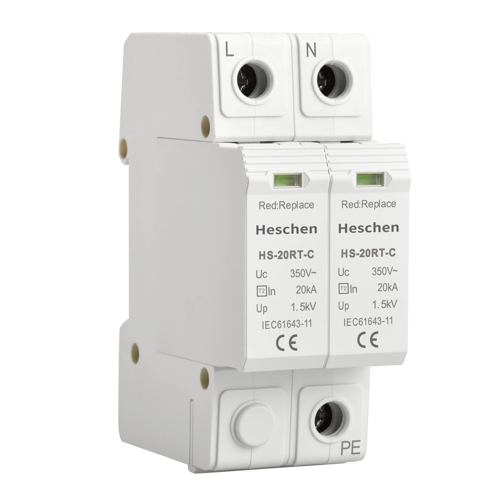 Heschen Surge Protective Device SPD, HS-20RT-C, 2P 350VAC 20KA, Built-in replaceable over current fuse, Low-Voltage Arrester, Fire-Proof, 35mm DIN Rail Mounting