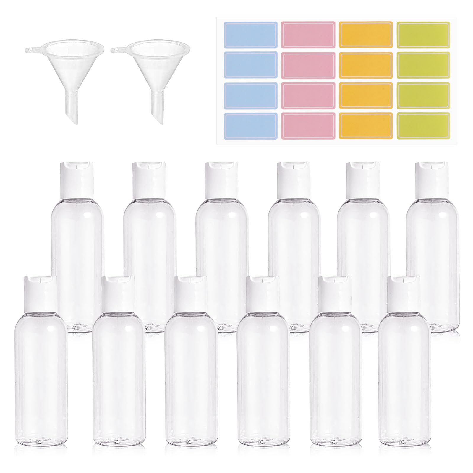 Silver 30ml Travel Bottles, 12pcs Clear Refillable Containers with 2 Funnels and Colorful Labels, Reusable Plastic Bottles for Shampoo, Lotions, Cosmetics