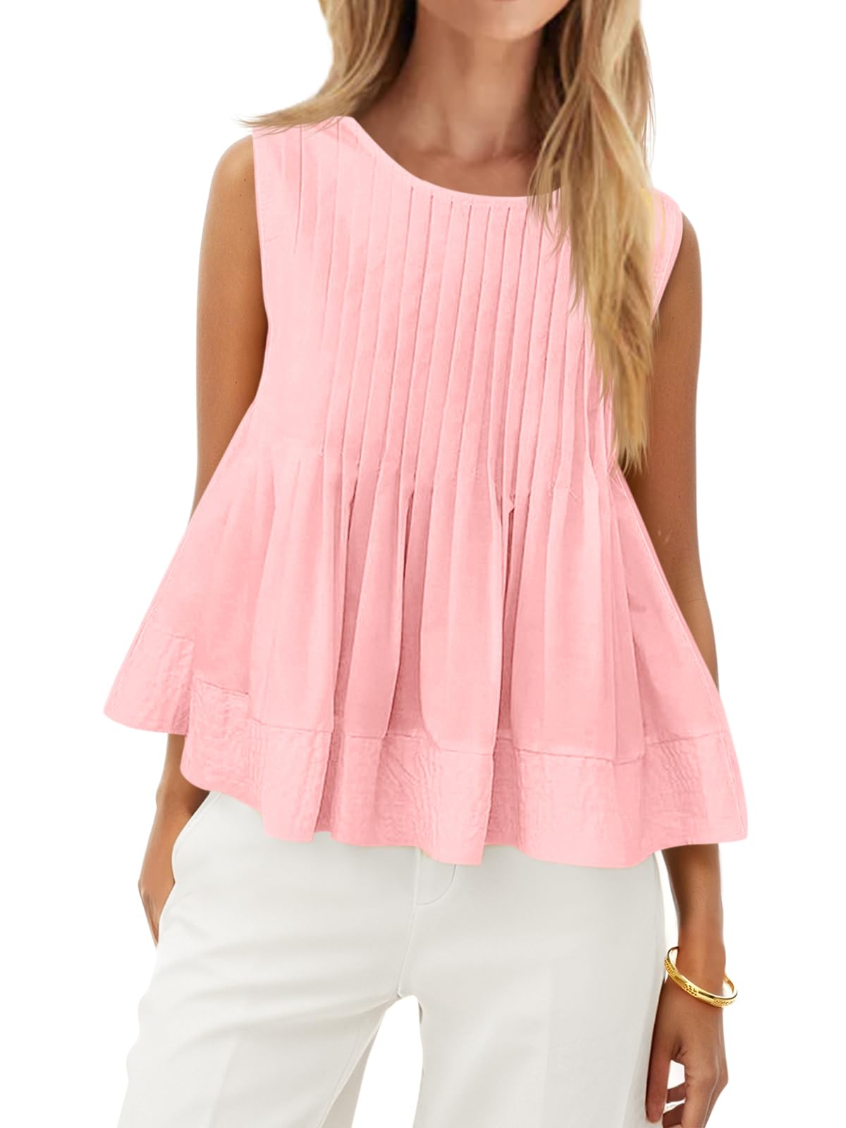 Photo 1 of Cicy Bell Pleated Peplum Tank Tops for Women Summer Casual Sleeveless Womens Babydoll Blouse Flowy Cotton Shirt Light Pink