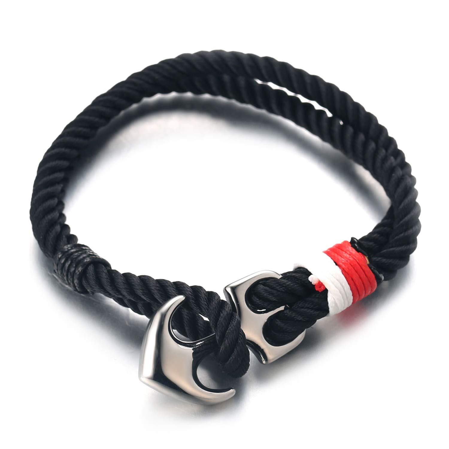 HALUKAKAH ● SAIL ● Men's Nylon Rope Cord Bracelet Multicolor Black Color Handmade Silver Anchor Clasp 8.26"/21cm with Free Giftbox