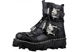 LORIE & KNIGHT Mens Black Genuine Leather Military Army Boots Gothic Skull Punk Motorcycle Boots