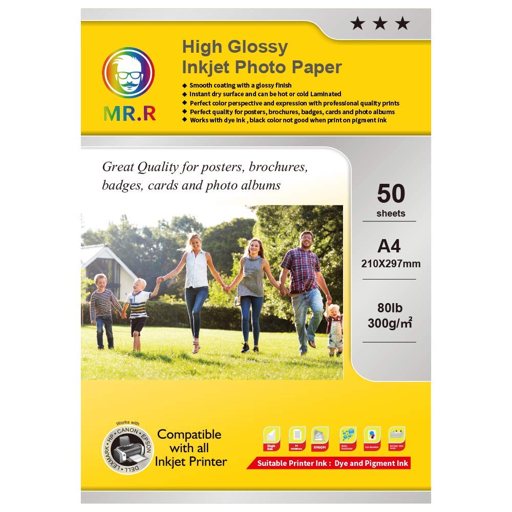 MR.R Single Side High Glossy Inkjet Photo Paper 300gsm A4 210 x 297mm 50 Sheets per Pack