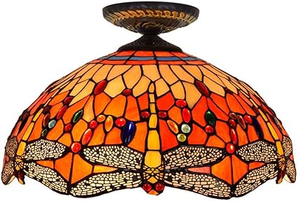ZLXING Libélula roja Luz de Techo barroca Antigua 16 Pulgadas Sombra de