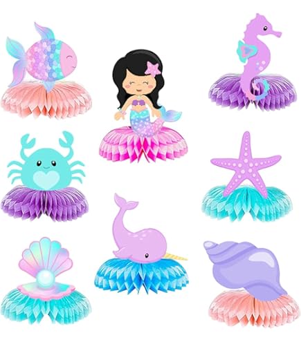 Kreatwow Mermaid Dive Into 5 Honeycomb Centerpieces - 8pc Under The Sea 5th Birthday Decorations - View #5
