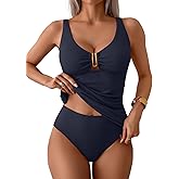 Aidonger Tankini Swimsuit for Women Ribbed Tummy Control Ruched Two Piece Bathing Suit V Neck Swim Top with Bottom