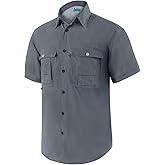 Men's Short Sleeve Fishing Shirts, Quick Dry UPF 50+ Sun Protection Shirts for Hiking, Camping, Beach (Khaki, Lake Blue)