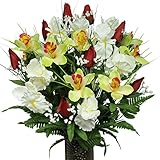 Red Tulips and White Iris Silk Flower Bouquet with Stay-In-The-Vase® Design Flower Holder(MD1232)